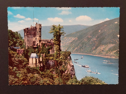 Burg Rheinstein on the Rhine — Castle & River Gorge — Vintage Krüger Postcard c.1960s